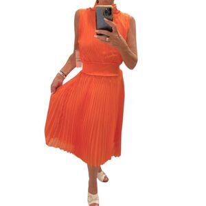 Nanette Lepore Smocked High Neck Pleated Dress in Vivid Coral.Size 12